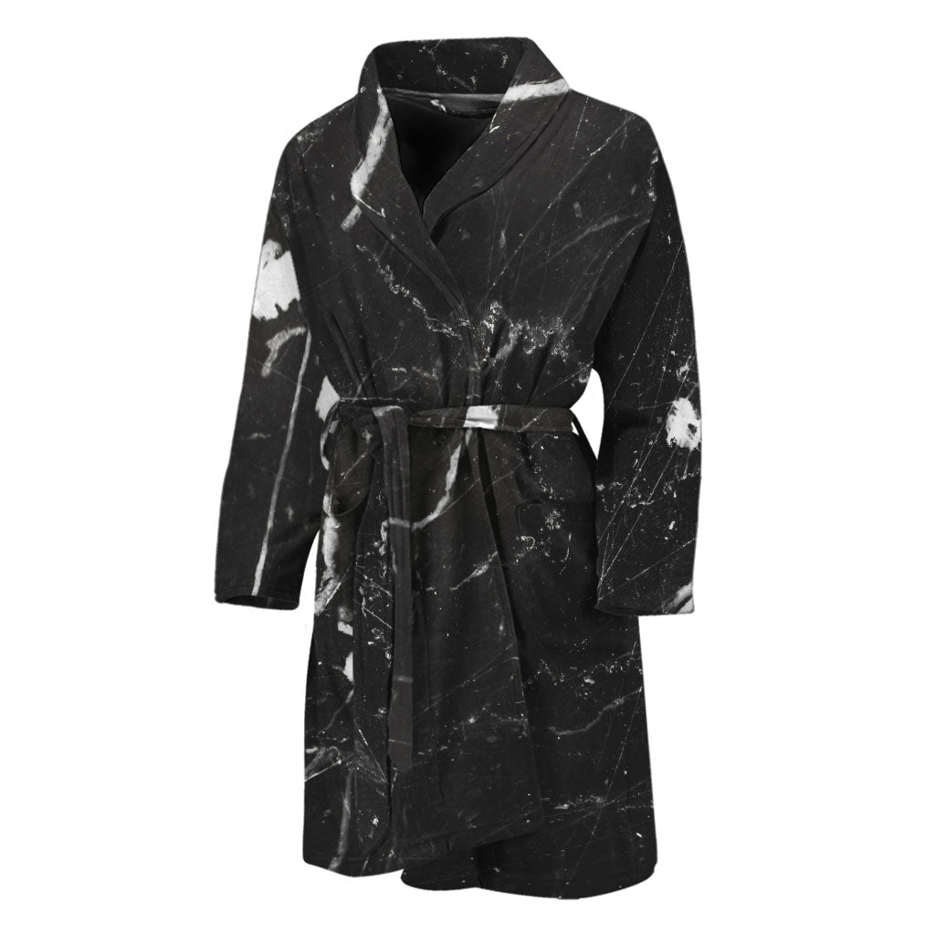 Black White Scratch Marble Print Men's Bathrobe