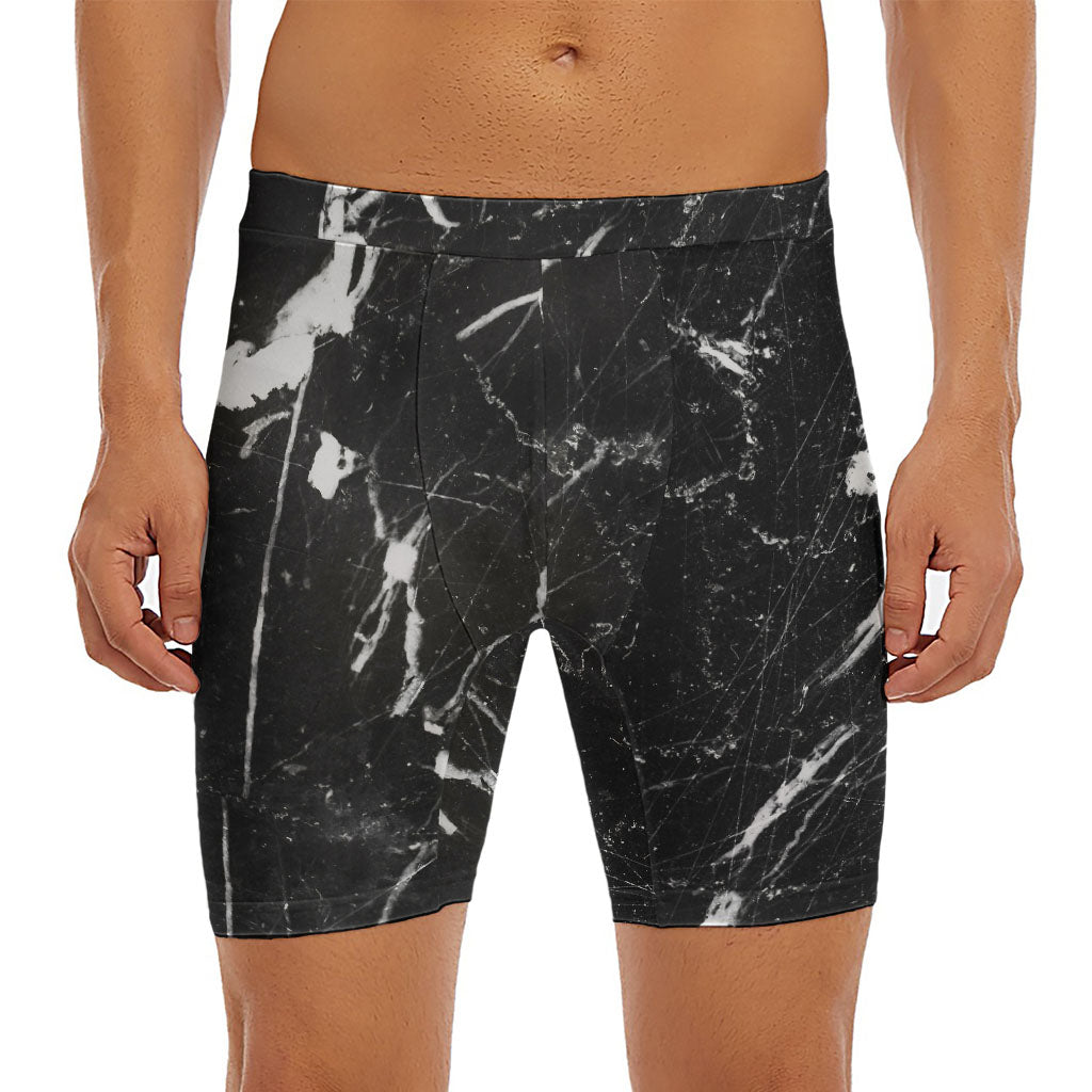 Black White Scratch Marble Print Men's Long Boxer Briefs