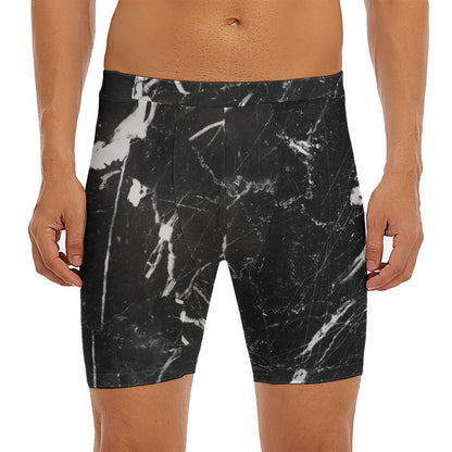 Black White Scratch Marble Print Men's Long Boxer Briefs
