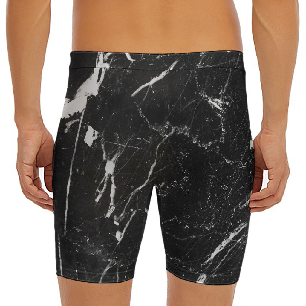 Black White Scratch Marble Print Men's Long Boxer Briefs