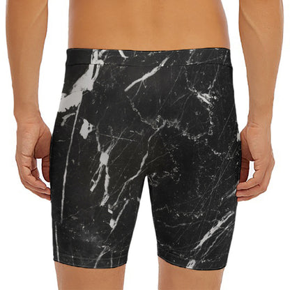 Black White Scratch Marble Print Men's Long Boxer Briefs