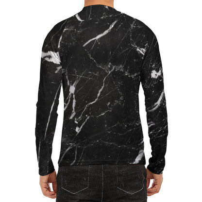 Black White Scratch Marble Print Men's Long Sleeve Rash Guard