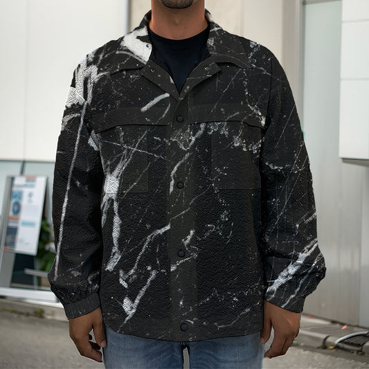 Black White Scratch Marble Print Men's Shirt Jacket