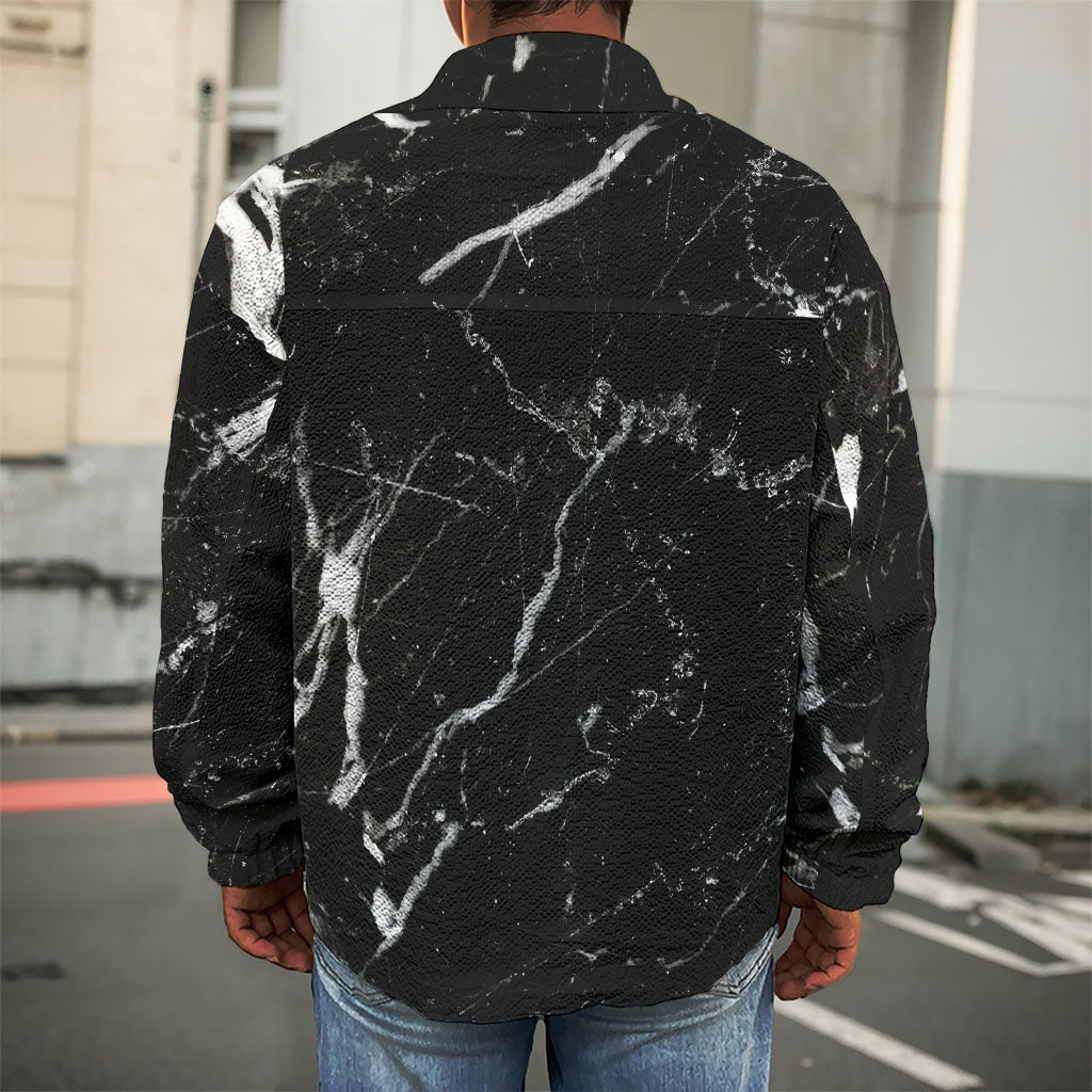 Black White Scratch Marble Print Men's Shirt Jacket