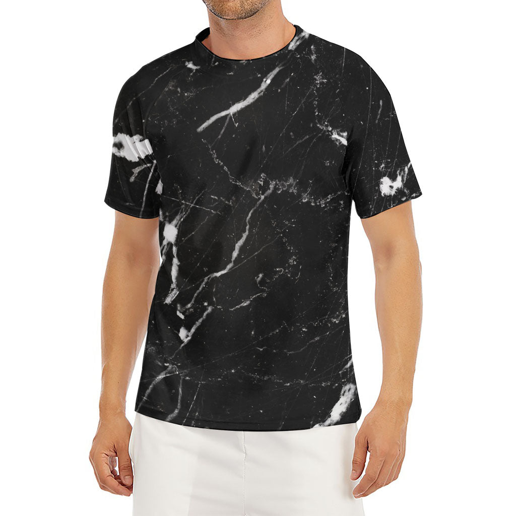 Black White Scratch Marble Print Men's Short Sleeve Rash Guard