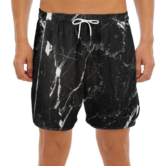 Black White Scratch Marble Print Men's Split Running Shorts