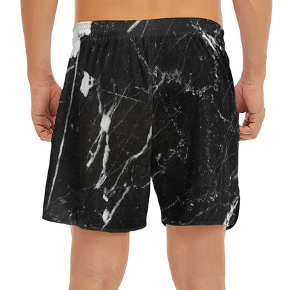 Black White Scratch Marble Print Men's Split Running Shorts