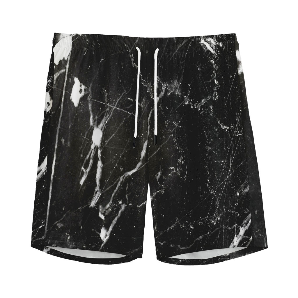 Black White Scratch Marble Print Men's Sports Shorts