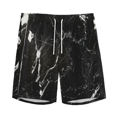Black White Scratch Marble Print Men's Sports Shorts