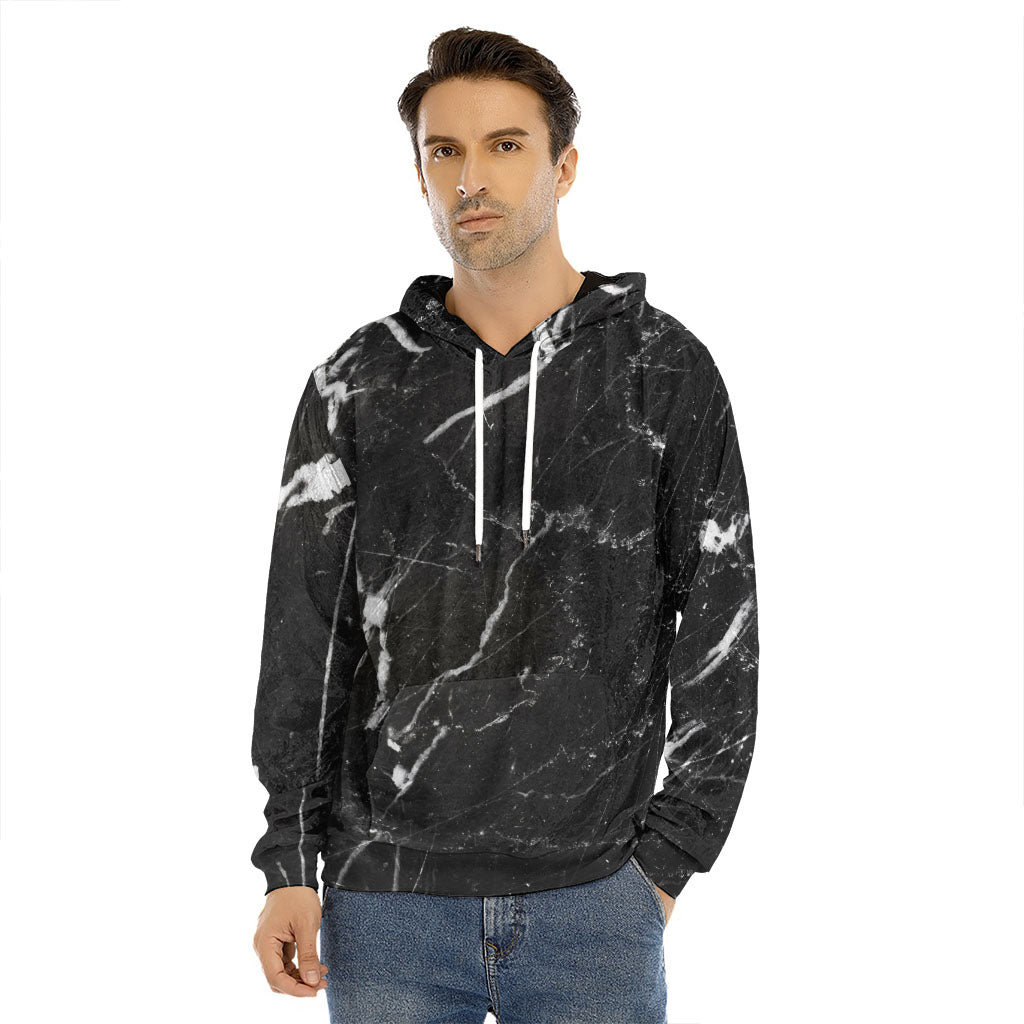 Black White Scratch Marble Print Men's Velvet Pullover Hoodie
