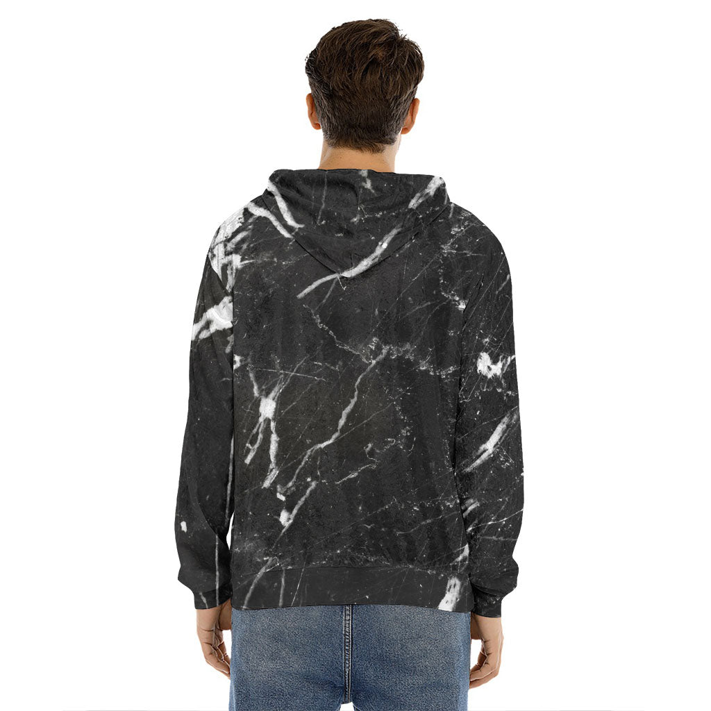 Black White Scratch Marble Print Men's Velvet Pullover Hoodie