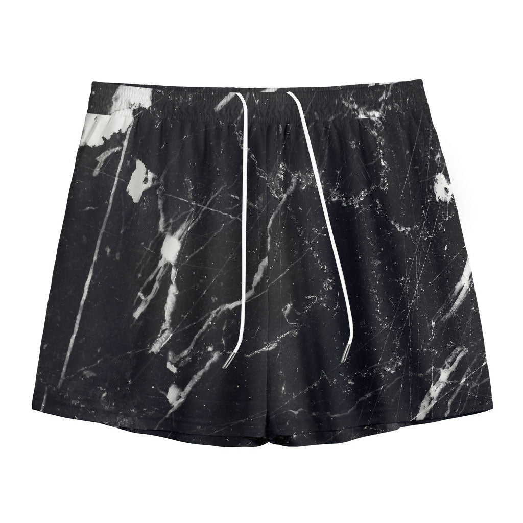 Black White Scratch Marble Print Mesh Shorts