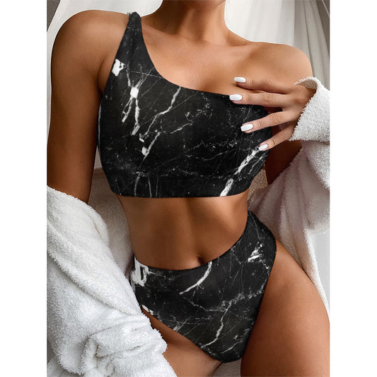 Black White Scratch Marble Print One Shoulder Bikini Top