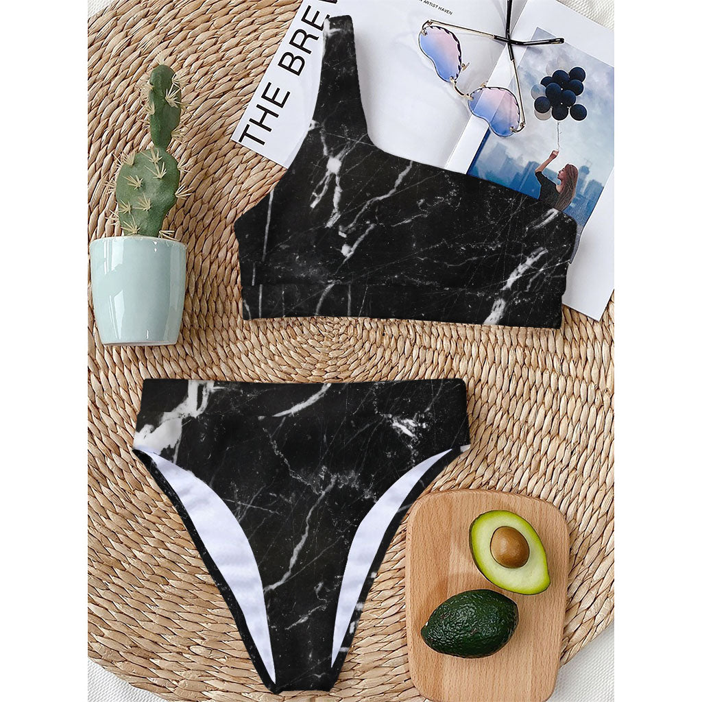 Black White Scratch Marble Print One Shoulder Bikini Top
