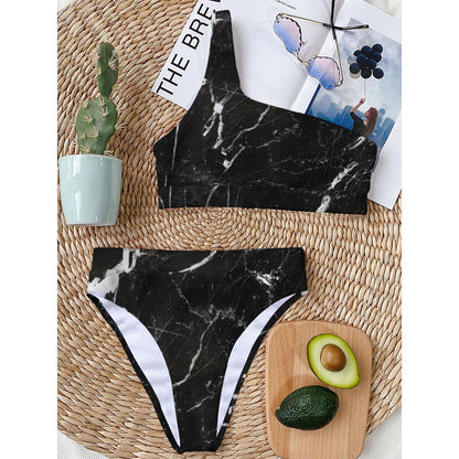Black White Scratch Marble Print One Shoulder Bikini Top