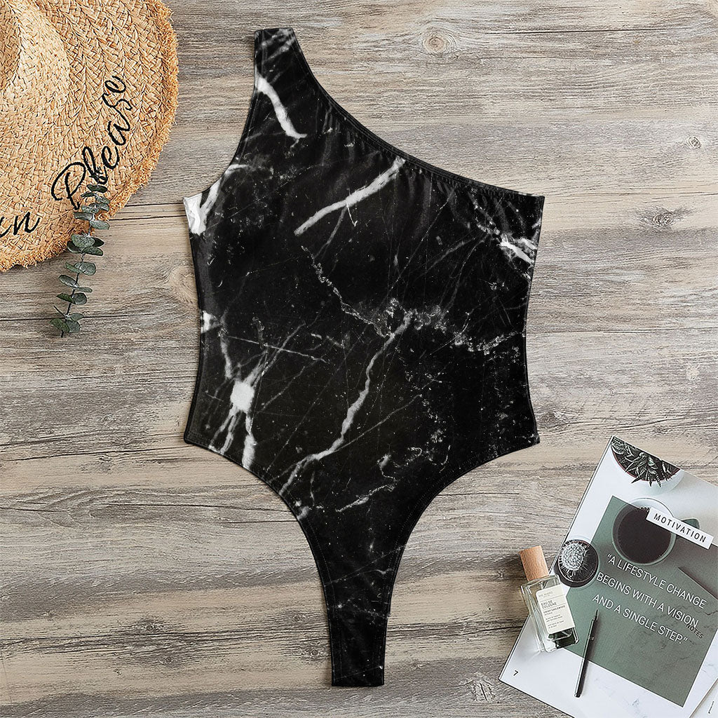 Black White Scratch Marble Print One Shoulder Bodysuit