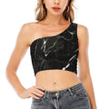 Black White Scratch Marble Print One Shoulder Crop Top