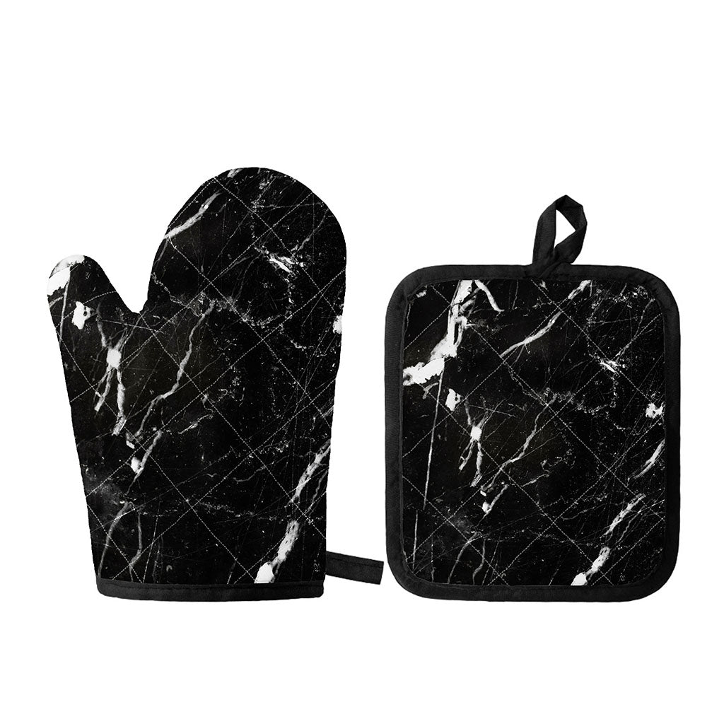 Black White Scratch Marble Print Oven Mitt And Pot Holder Set