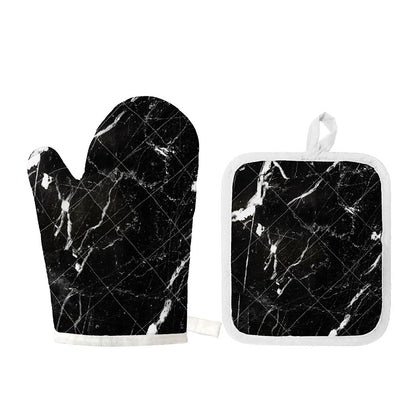 Black White Scratch Marble Print Oven Mitt And Pot Holder Set