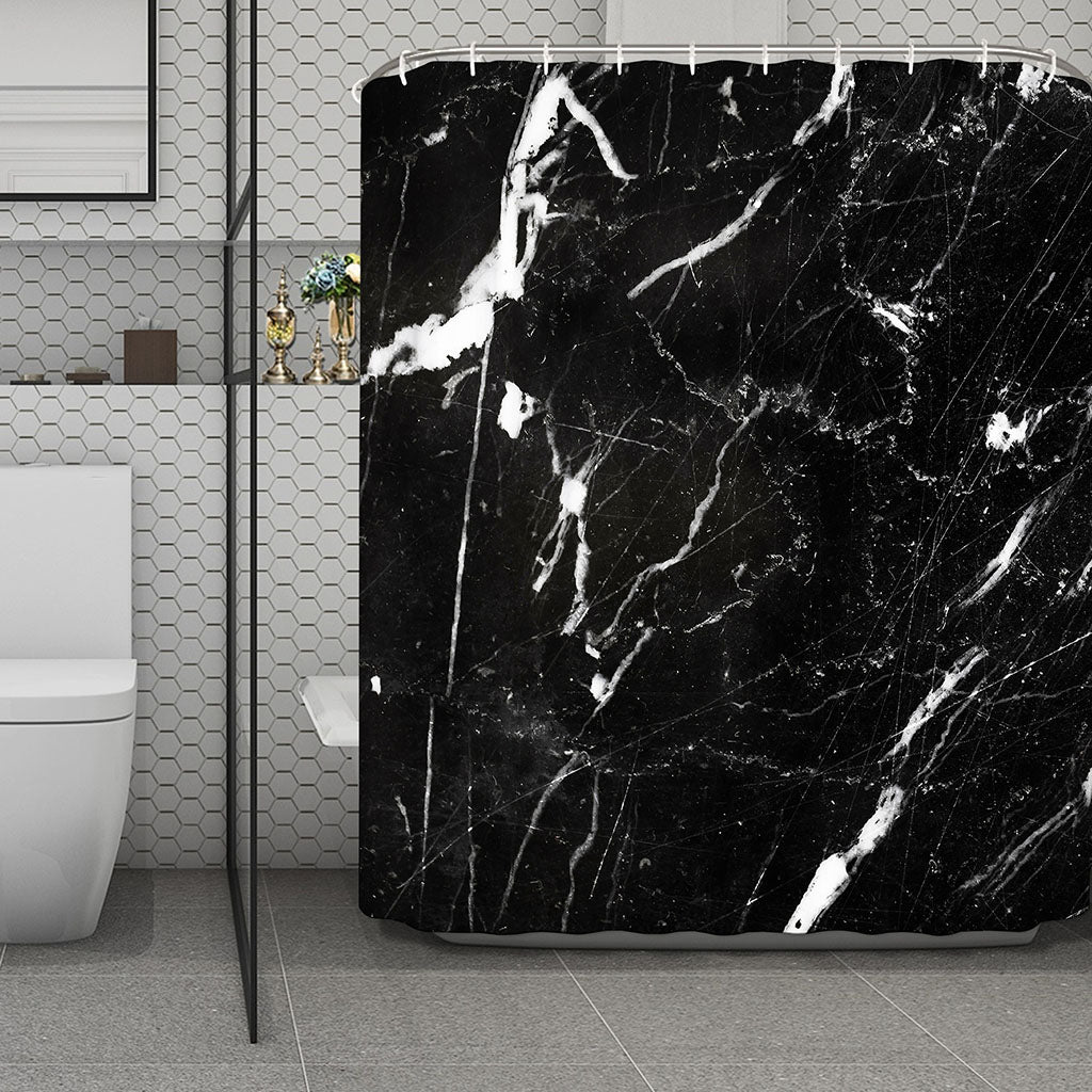 Black White Scratch Marble Print Polyester Shower Curtain