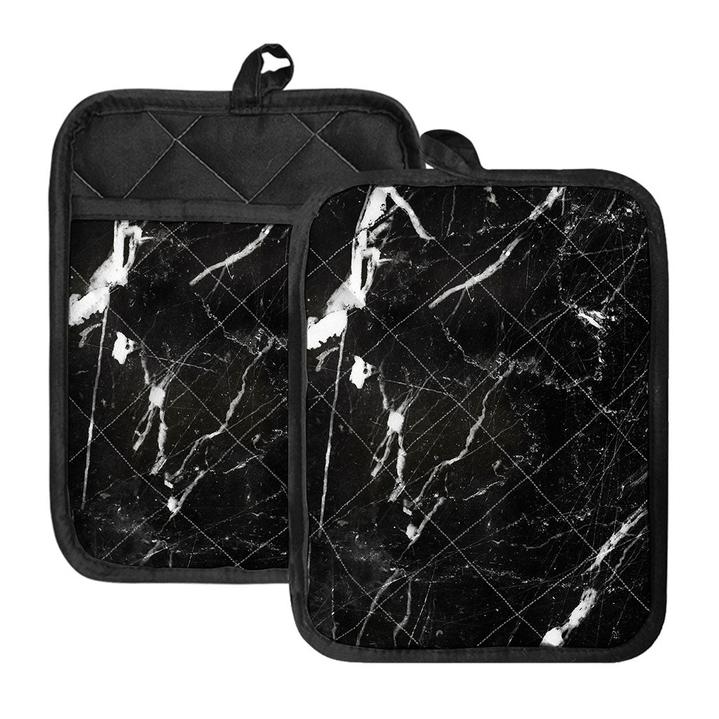 Black White Scratch Marble Print Pot Holders With Pocket