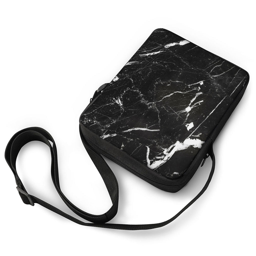 Black White Scratch Marble Print Rectangular Crossbody Bag