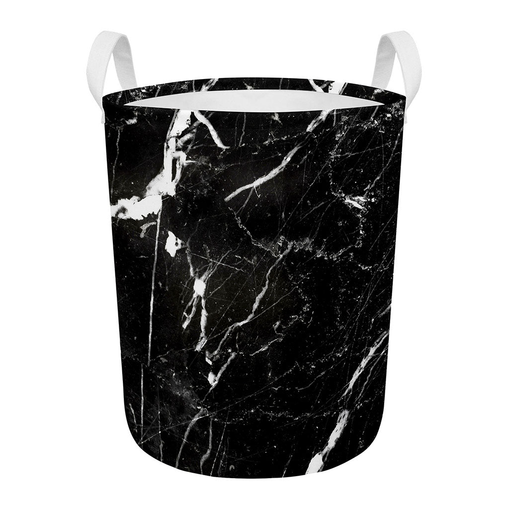 Black White Scratch Marble Print Round Laundry Basket