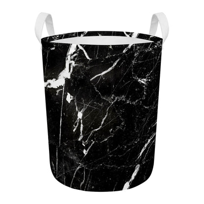 Black White Scratch Marble Print Round Laundry Basket