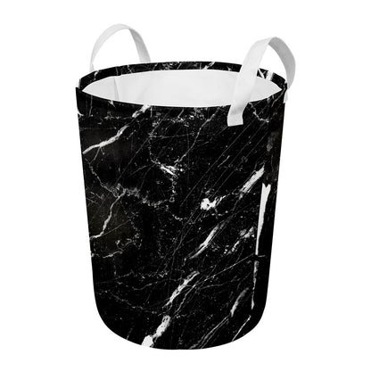 Black White Scratch Marble Print Round Laundry Basket