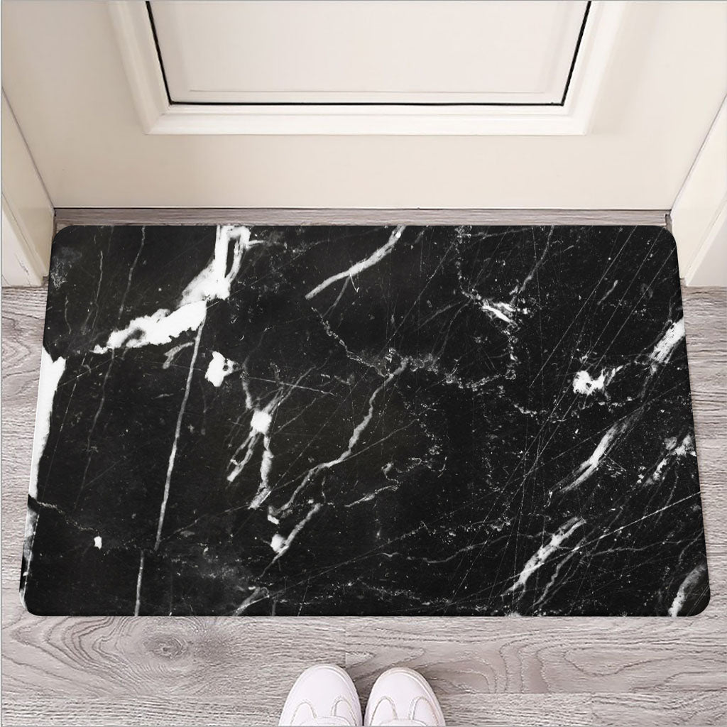 Black White Scratch Marble Print Rubber Doormat