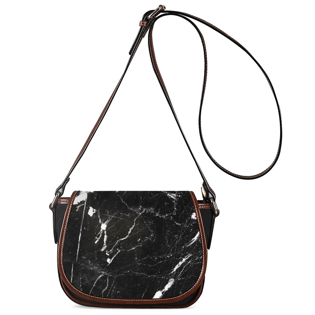 Black White Scratch Marble Print Saddle Bag