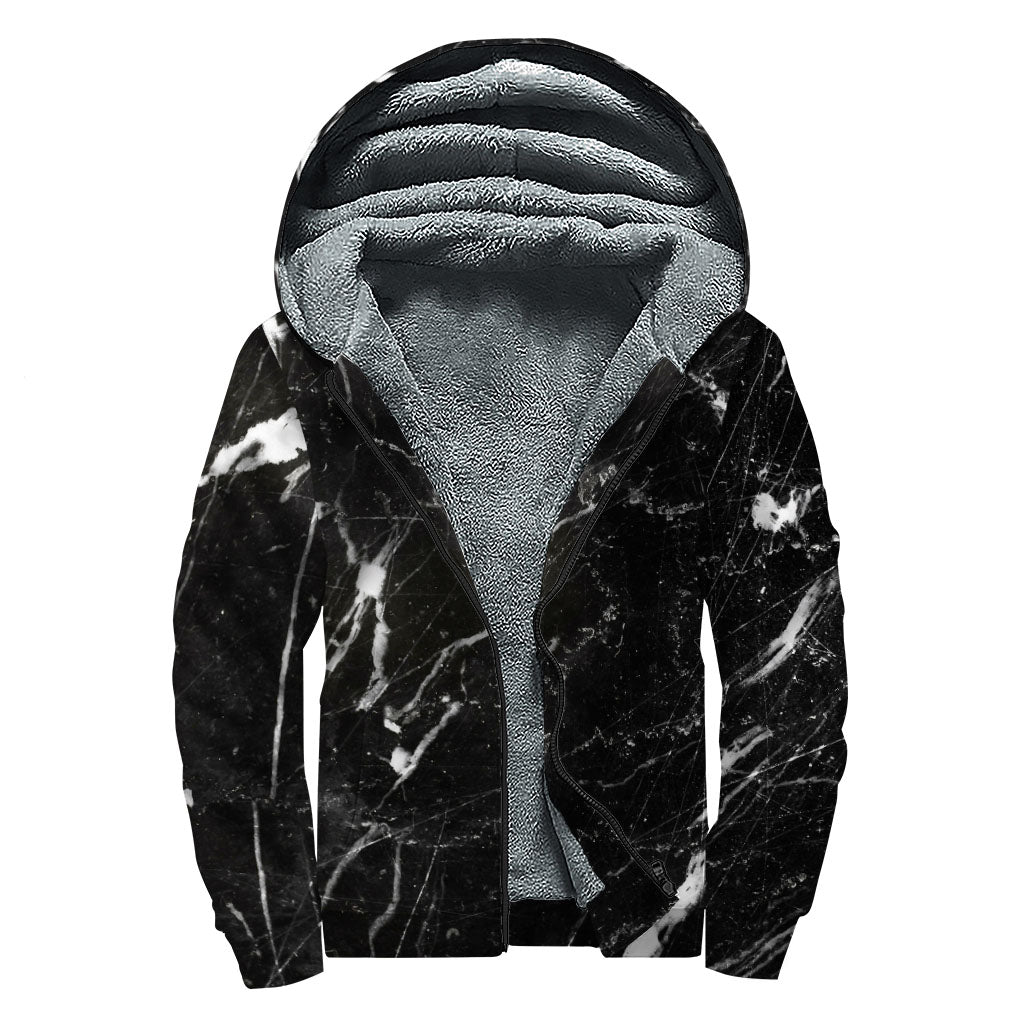 Black White Scratch Marble Print Sherpa Lined Zip Up Hoodie