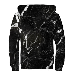 Black White Scratch Marble Print Sherpa Lined Zip Up Hoodie