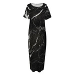 Black White Scratch Marble Print Short Sleeve Long Nightdress