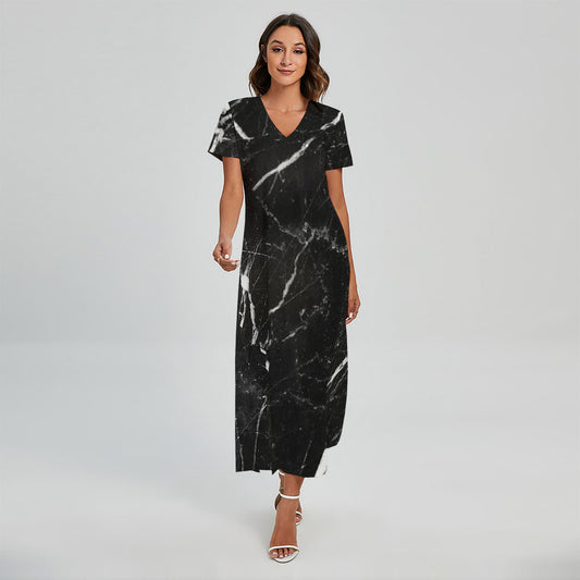 Black White Scratch Marble Print Short Sleeve Maxi Dress