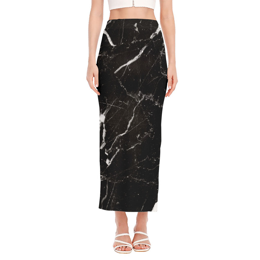 Black White Scratch Marble Print Side Slit Maxi Skirt
