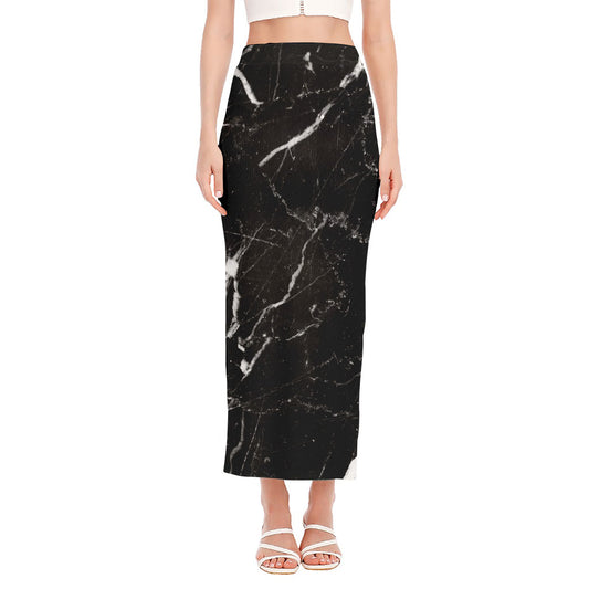 Black White Scratch Marble Print Side Slit Maxi Skirt