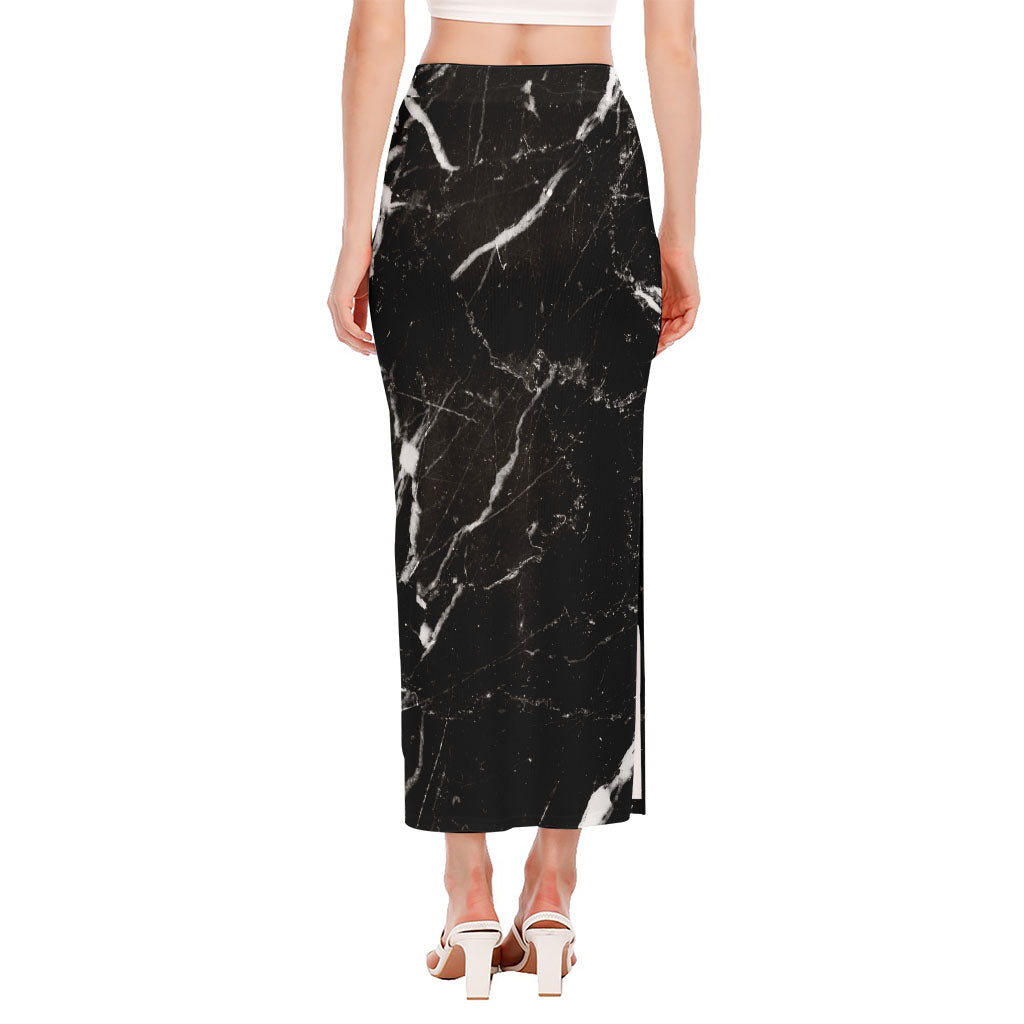 Black White Scratch Marble Print Side Slit Maxi Skirt