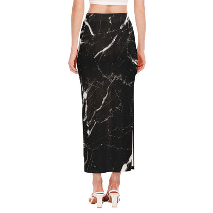 Black White Scratch Marble Print Side Slit Maxi Skirt