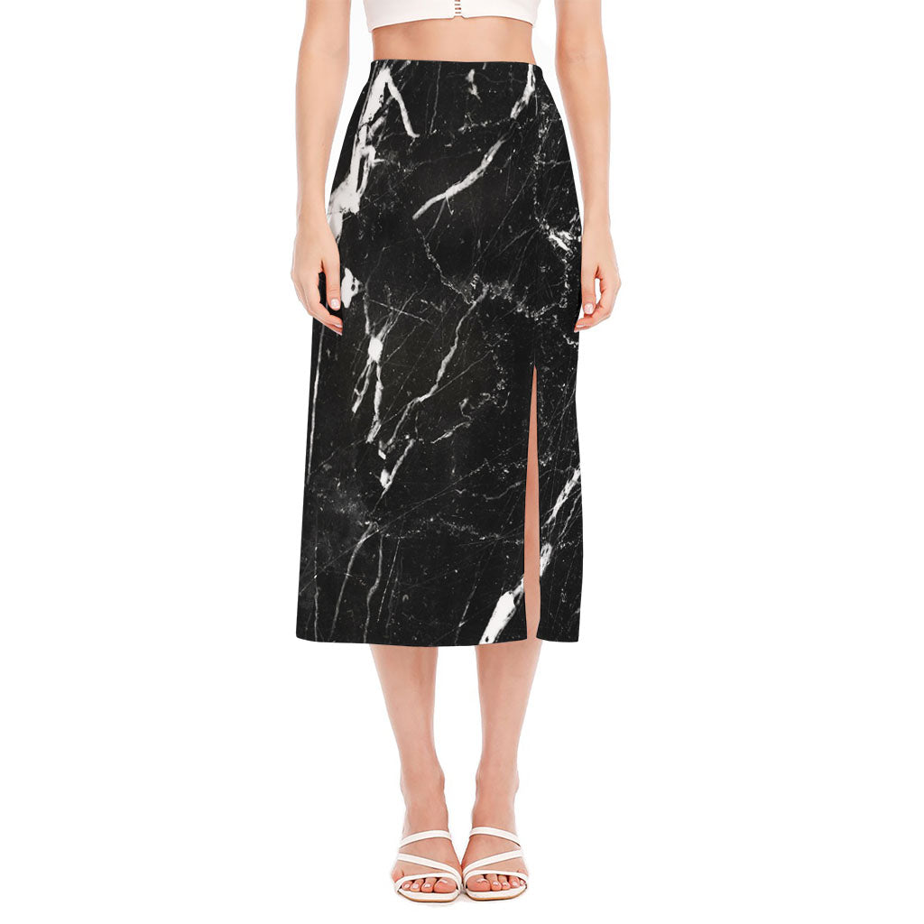 Black White Scratch Marble Print Side Slit Midi Skirt