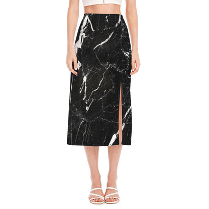Black White Scratch Marble Print Side Slit Midi Skirt