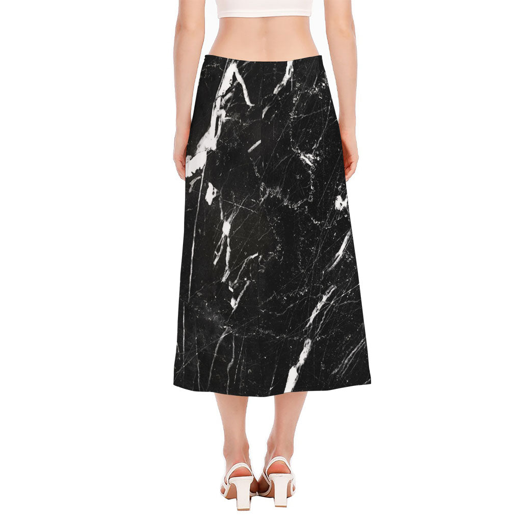 Black White Scratch Marble Print Side Slit Midi Skirt