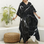 Black White Scratch Marble Print Silk V-Neck Kaftan Dress