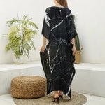 Black White Scratch Marble Print Silk V-Neck Kaftan Dress