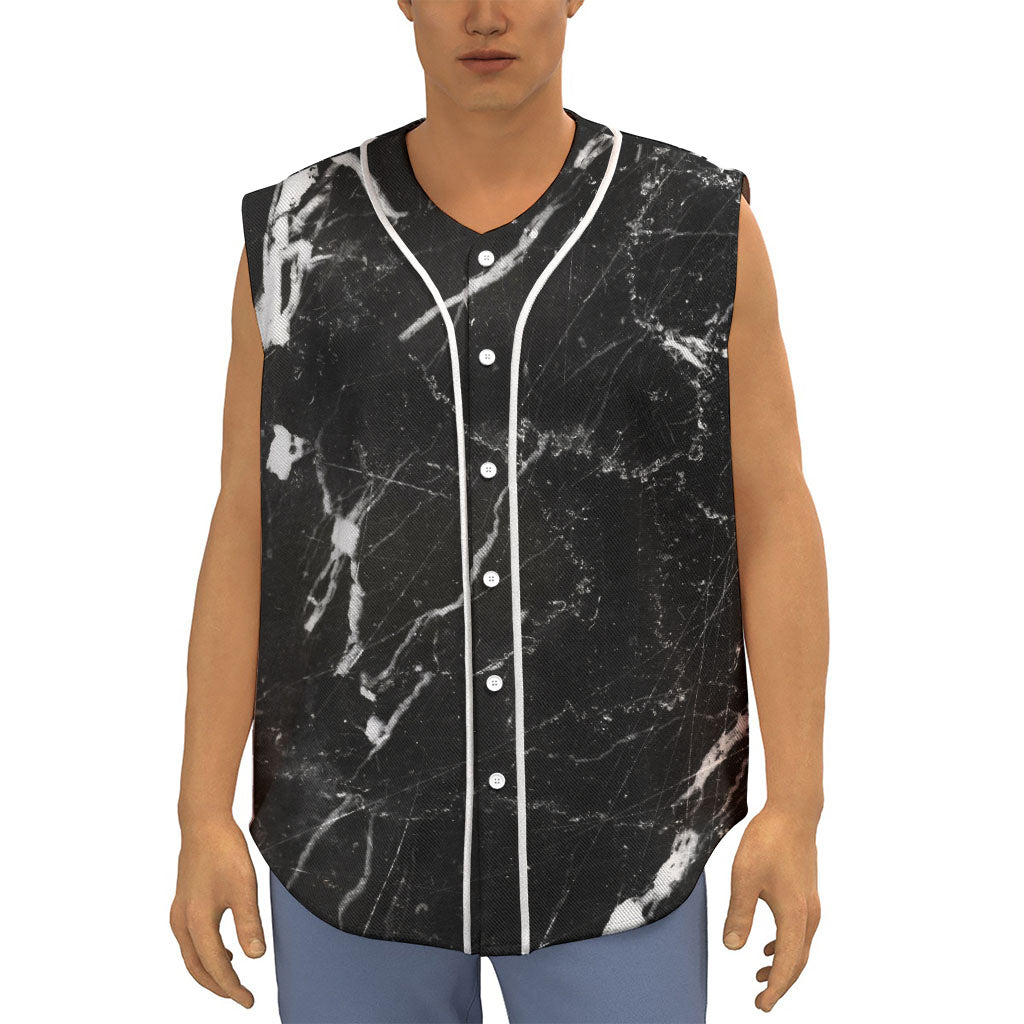 Black White Scratch Marble Print Sleeveless Baseball Jersey