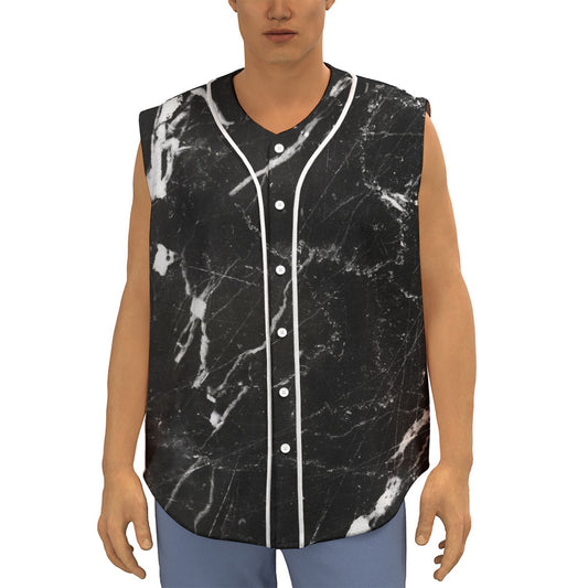 Black White Scratch Marble Print Sleeveless Baseball Jersey
