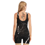 Black White Scratch Marble Print Sleeveless One Piece Swimsuit