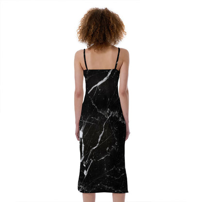 Black White Scratch Marble Print Slim Fit Midi Cami Dress