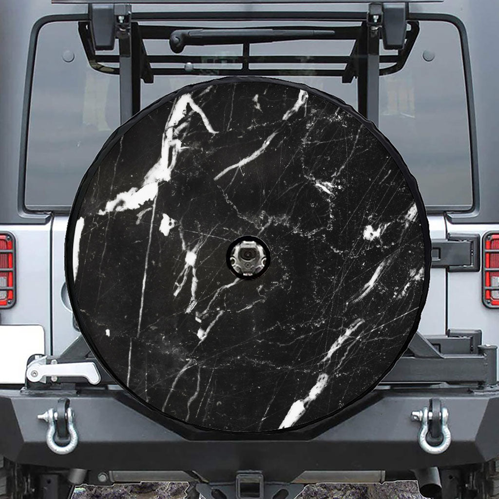 Black White Scratch Marble Print Tire Cover With Camera Hole