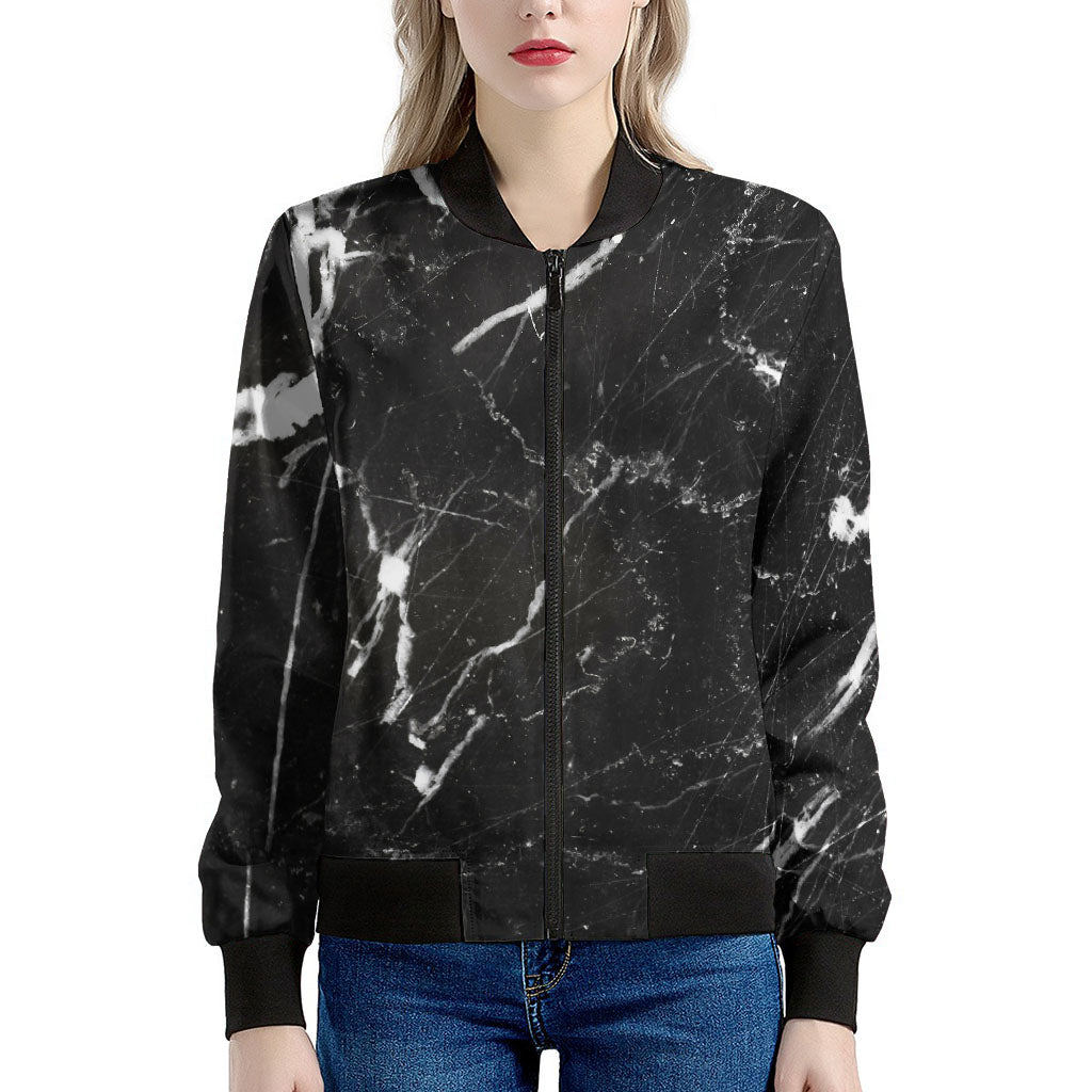 Black White Scratch Marble Print Women's Bomber Jacket